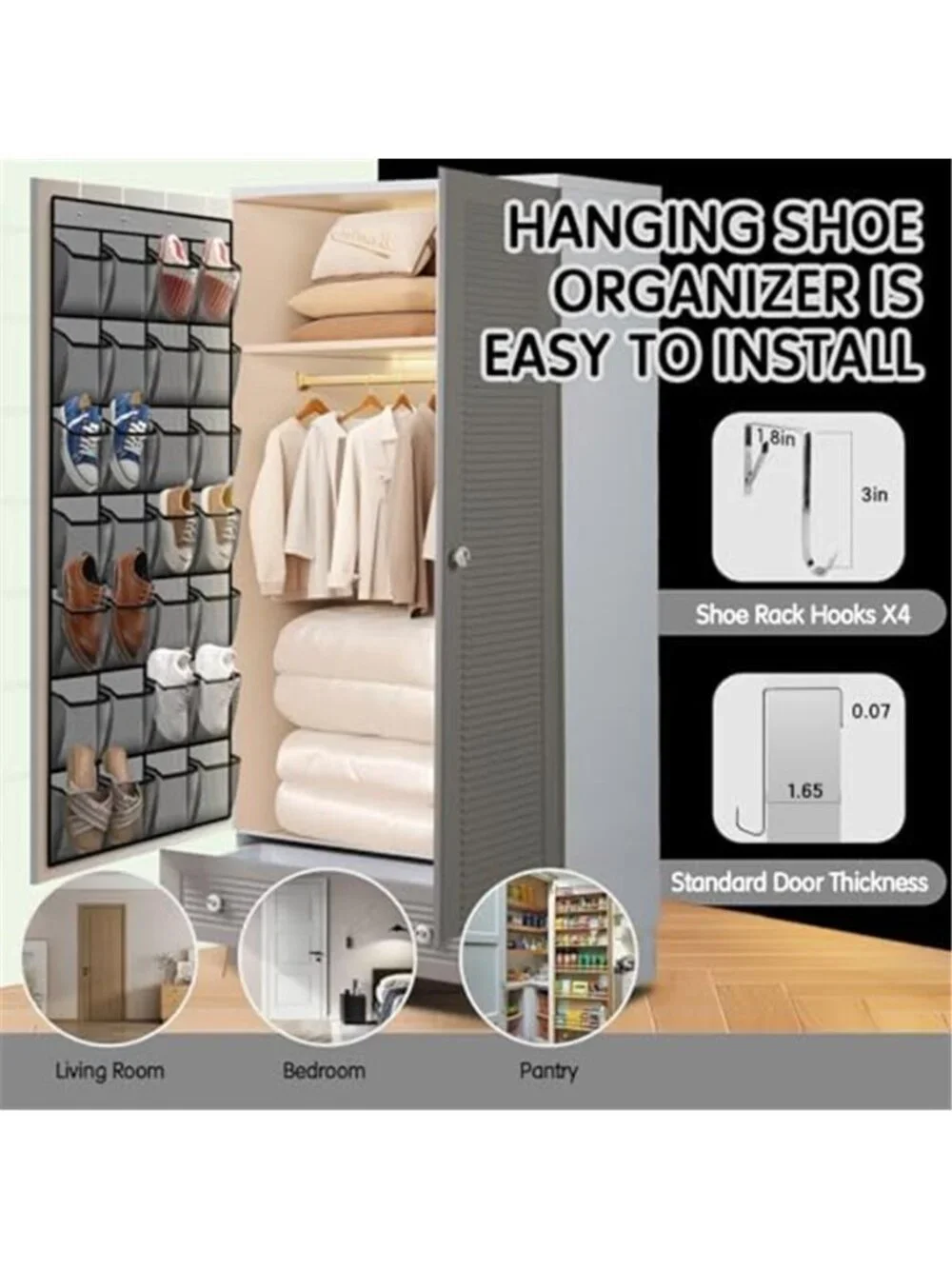 Over The Door Shoe Organizer 28 Pocket Hanging Shoe Rack Closet Storage Gray